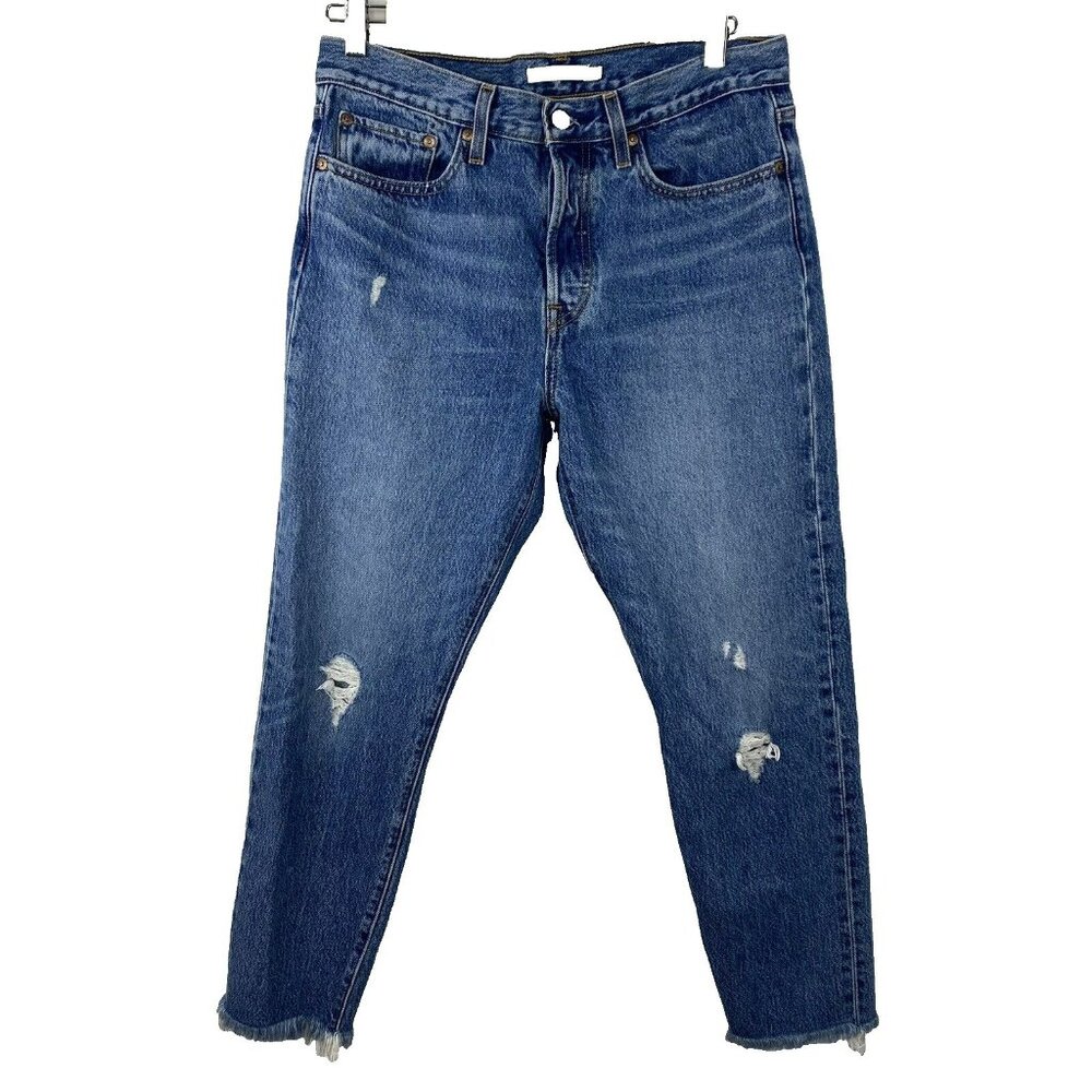 Levis Jeans Womens Size 30 Wedgie Denim Blue Button Fly Tapered Leg Raw Hem